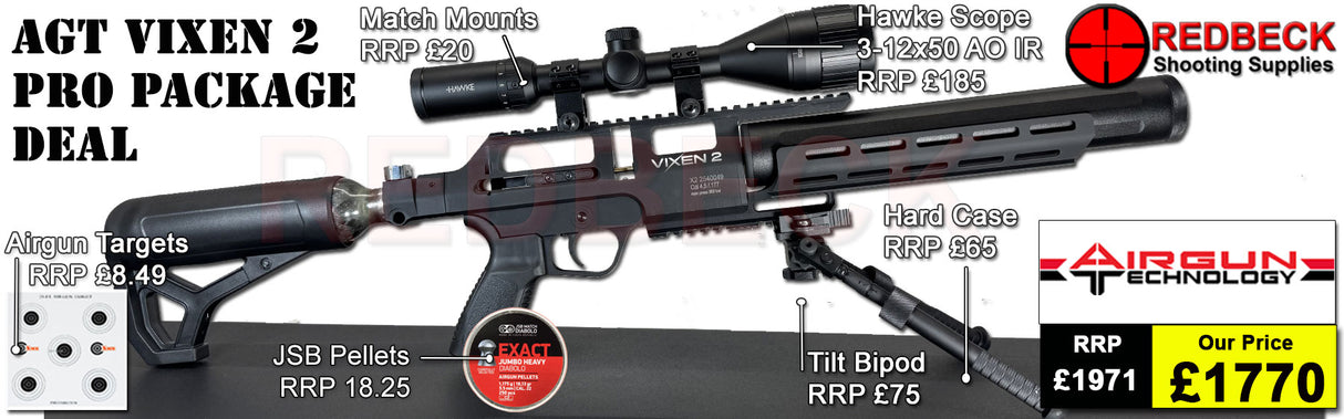 AGT AIRGUN TECHNOLOGY VIXEN 2 SHORT PRO PACKAGE DEAL INCLUDES HAWKE 3-12X50 SCOPE, MATCH MOUNTS, WEAVER BIPOD, HARDCASE, PELLETS AND TARGETS.