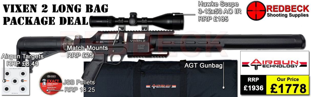 AGT AIRGUN TECHNOLOGY VIXEN 2 LONG AIRRIFLE BAG PACKAGE DEAL COMES WITH SCOPE, BAG, PELLETS AND TARGETS.