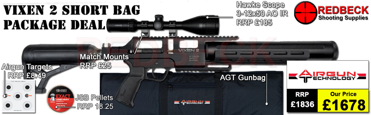 AGT AIRGUN TECHNOLOGY VIXEN 2 SHORT AIRRIFLE BAG PACKAGE DEAL COMES WITH SCOPE, BAG, PELLETS AND TARGETS.