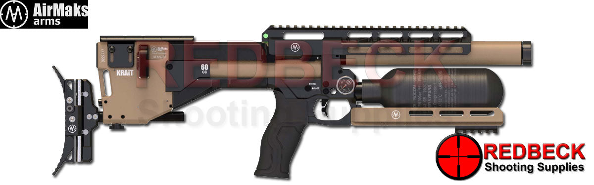 AirMaks Arms Krait Pro Cerakote with an adjustable butthook, cheekpiece, trigger. Pictured from the right hand side. Redbeck shooting supplies, Air rifle, Bullpup