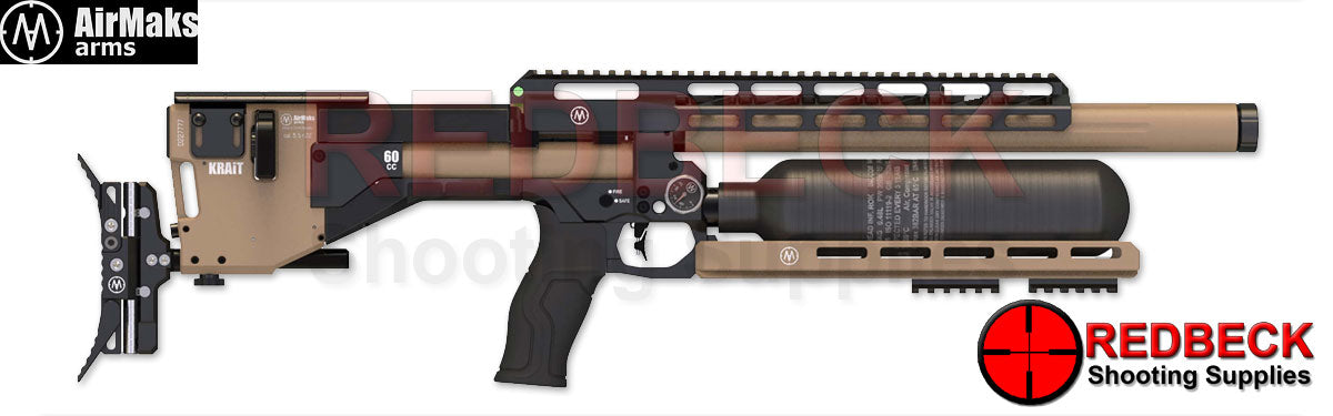 AirMaks Arms Krait Pro Cerakote with an adjustable butthook, cheekpiece, trigger. Pictured from the right hand side. Redbeck shooting supplies, Air rifle, Bullpup