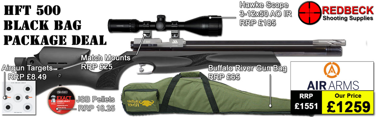 Air Arms HFT500 Target Rifle package deal includes Hawke scope 3-12x50AO IR, match mounts airgun bag and pellets.