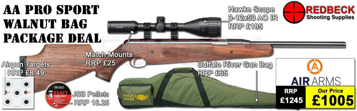 Air Arms Pro Sport Walnut air rifle
Hawke 3-12x50 AO IR Scope
Match Mounts
Buffalo River Gun Bag