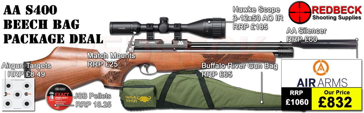Air Arms S400 with beech stock package deal includes a Air Arms Silencer, Hawke 3-12x50 AO IR Scope, Match Mounts, Fill Valve, Pellets, Targets and Air Rifle Bag.
