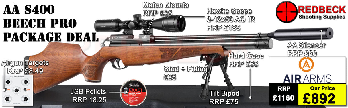 Air Arms S400 Beech Rifle
Air Arms Silencer
Hawke 3-12x50 AO IR Scope
Match Mounts
Fill Valve
Hard Case
Bipod Adapter
Tilt Bipod