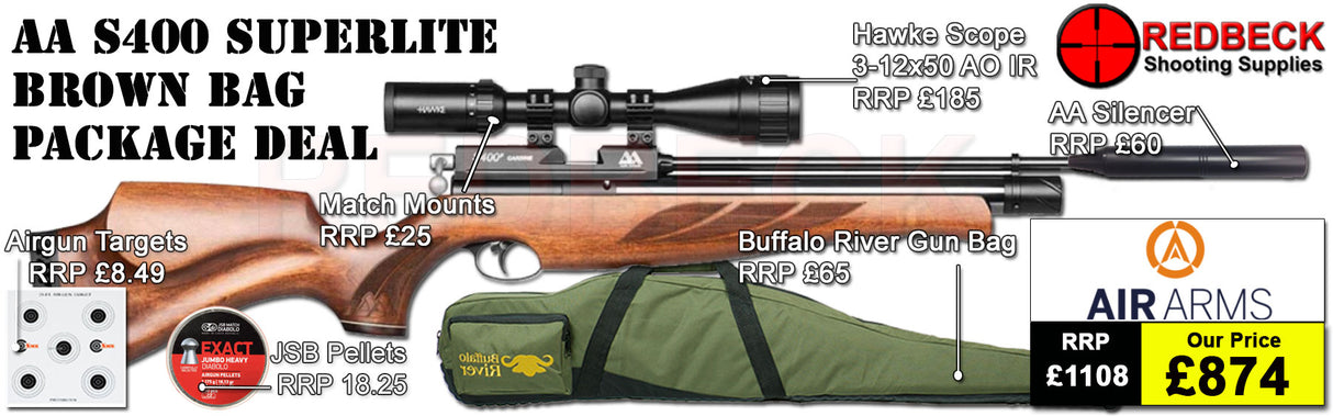 The Air Arms S400 Superlite Traditional Brown Bag package deal. The deals includes a Air Arms Silencer, Hawke 3-12x50 AO IR Scope, Match Mounts, Fill Valve, Pellets, Targets and Air Rifle Bag.