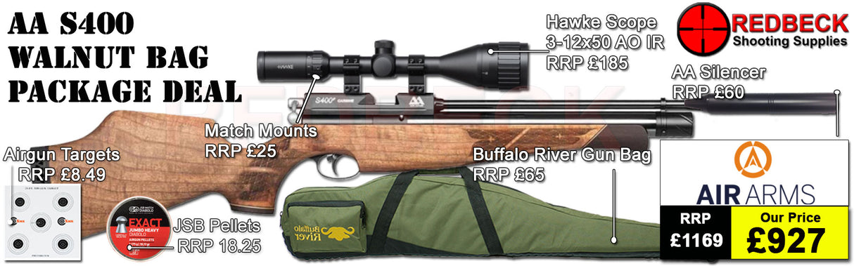 Air Arms S400 with walnut stock package deal includes a Air Arms Silencer, Hawke 3-12x50 AO IR Scope, Match Mounts, Fill Valve, Pellets, Targets and Air Rifle Bag.