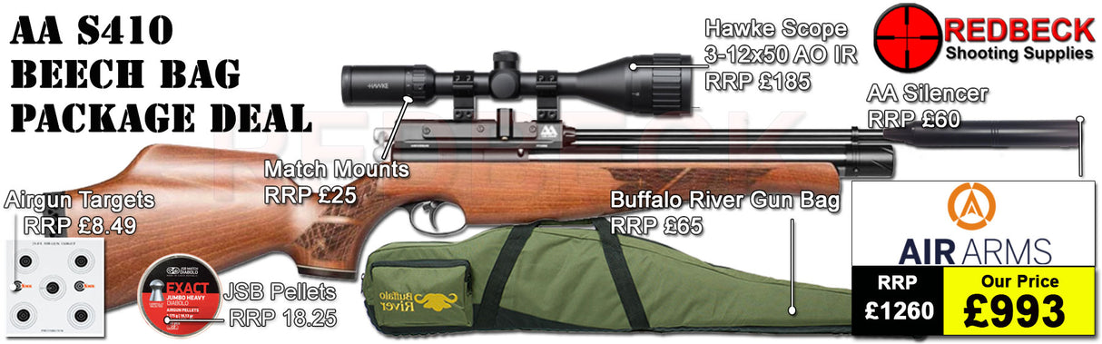 The Air Arms S410 Beech Bag package deal includes s410 with a beech stock, hawke 3-12x50 ao ir scope, match mounts, air arms silencer, airgun bag, pellets and targets.