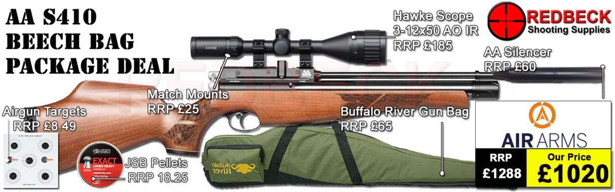 The Air Arms S410 Beech Bag package deal includes s410 with a beech stock, hawke 3-12x50 ao ir scope, match mounts, air arms silencer, airgun bag, pellets and targets.