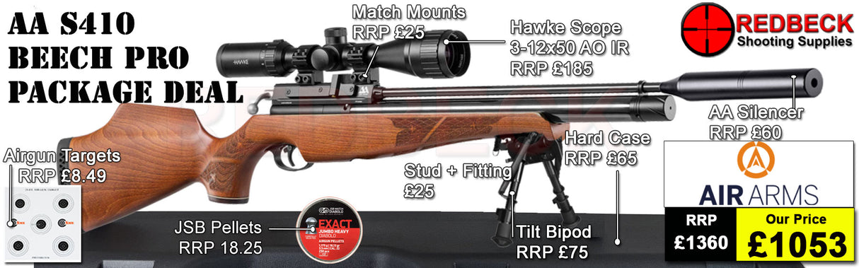 The Air Arms S410 Beech professional package deals includes the S410 beech rifle, Air Arms Silencer, Hawke 3-12x50 AO IR Scope, Match Mounts, Hardcase, Bipod and Stud, Pellets and Targets.