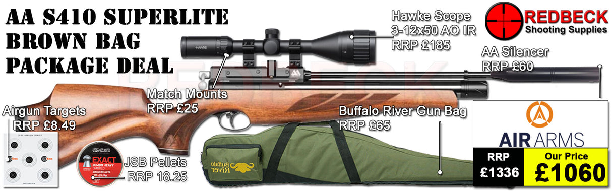 A fully tested certificated quality rifle.
A detailed test certificate
Manufacturers Guarantee
Air Arms S410 Superlite air rifle
Air Arms Silencer
Hawke 3-12x50 AO IR Scope
Match Mounts
2 Magazines
Fill Valve
Pellets
Targets