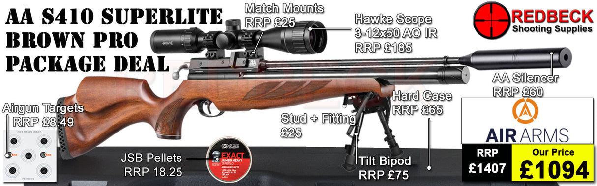 The Air Arms S410 Superlite Traditional Brown professional package deals includes the superlite S410 rifle, Air Arms Silencer, Hawke 3-12x50 AO IR Scope, Match Mounts, Hardcase, Bipod and Stud, Pellets and Targets.