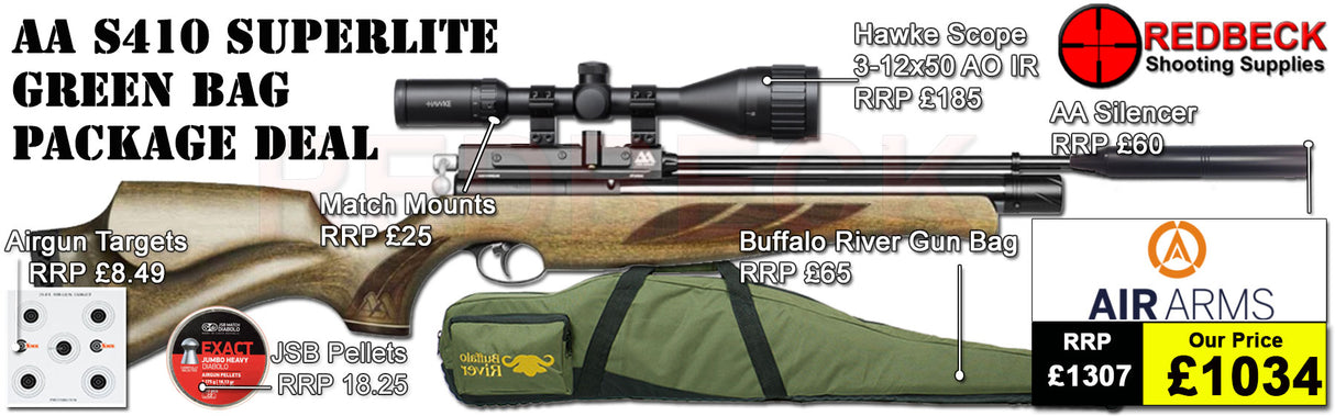 The Air Arms S410 Superlite Hunter Green Bag package deal includes s410 superlite in hunter green, hawke 2-12x50 ao ir scope, match mounts, air arms silencer, airgun bag, pellets and targets.