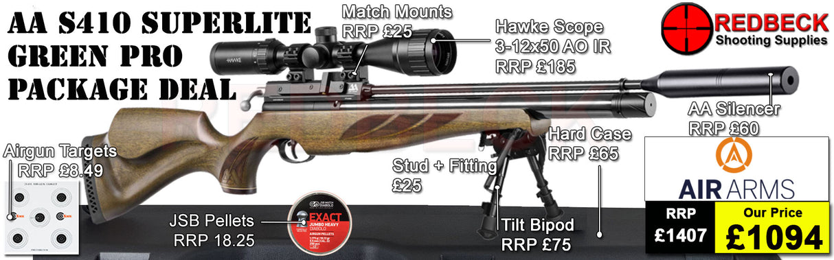The Air Arms S410 Superlite Hunter Green professional package deals includes the super light S400 rifle, Air Arms Silencer, Hawke 3-12x50 AO IR Scope, Match Mounts, Hardcase, Bipod and Stud, Pellets and Targets.