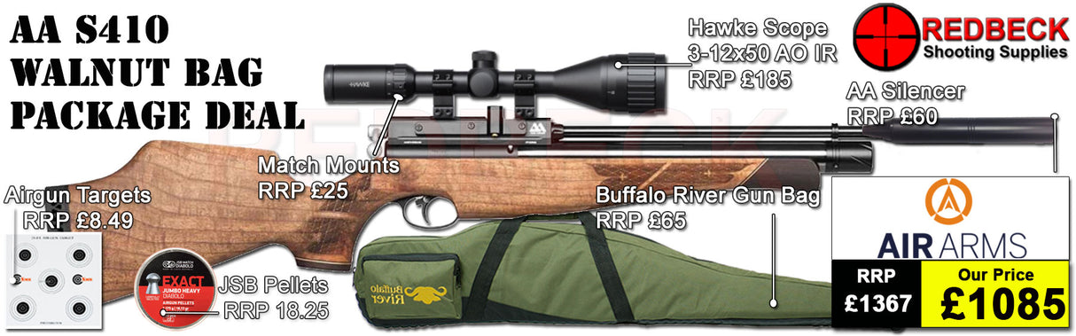 The Air Arms S410 Walnut Bag package deal includes s410 with a walnut stock, hawke 3-12x50 ao ir scope, match mounts, air arms silencer, airgun bag, pellets and targets.