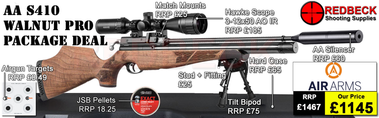 The Air Arms S410 Walnut professional package deals includes the S410 walnut rifle, Air Arms Silencer, Hawke 3-12x50 AO IR Scope, Match Mounts, Hardcase, Bipod and Stud, Pellets and Targets.