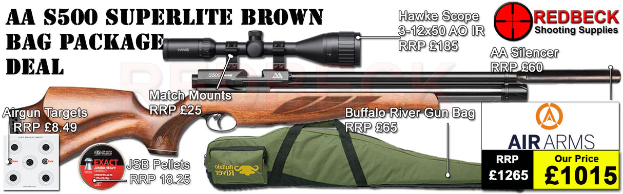 The Air Arms S500 Superlite Traditional Brown Bag package deal includes s500 superlite in traditional brown, hawke 2-12x50 ao ir scope, match mounts, air arms silencer, airgun bag, pellets and targets.
