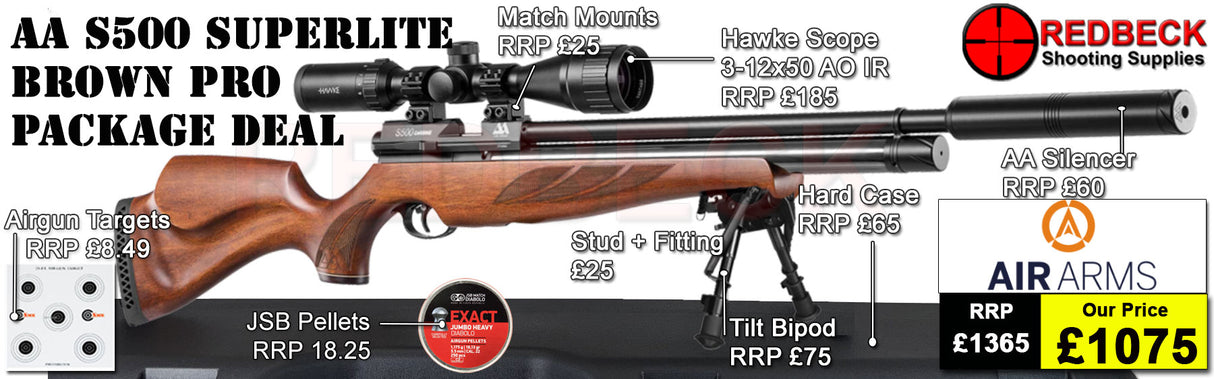 The Air Arms S500 Superlite Traditional Brown Professional air rifle package deal. The package deal comes with an Air Arms Silencer, Hawke 3-12x50 AO IR Scope, Match Mounts, Hard Case, Bipod Adapter and Tilt Bipod.