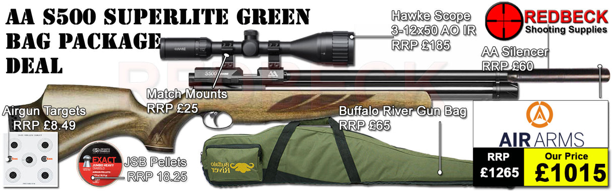 The Air Arms S500 Superlite Hunter Green Bag package deal includes s500 superlite in hunter green, hawke 2-12x50 ao ir scope, match mounts, air arms silencer, airgun bag, pellets and targets.