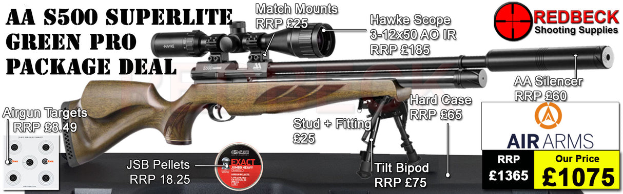 The Air Arms S500 Superlite Hunter Green Professional air rifle package deal. The package deal comes with an Air Arms Silencer, Hawke 3-12x50 AO IR Scope, Match Mounts, Hard Case, Bipod Adapter and Tilt Bipod