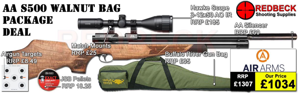 The Air Arms S500 Walnut Bag package deal includes S500 with walnut sporter stock, hawke 2-12x50 ao ir scope, match mounts, air arms silencer, airgun bag, pellets and targets.