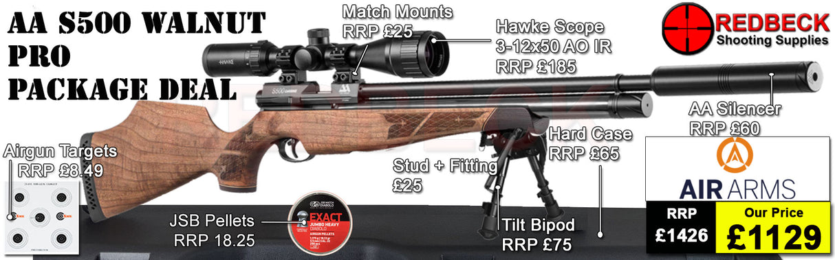 The Air Arms S500 with walnut stock Professional air rifle package deal. The package deal comes with an Air Arms Silencer, Hawke 3-12x50 AO IR Scope, Match Mounts, Hard Case, Bipod Adapter and Tilt Bipod.
