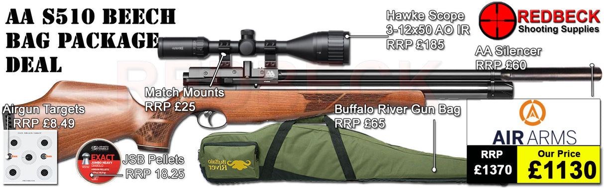 Air Arms S510 with Beech Stock
Air Arms Silencer
Hawke 3-12x50 AO IR Scope
Match Mounts
2 Magazines
Fill Valve
Buffalo River bag
Pellets
Targets