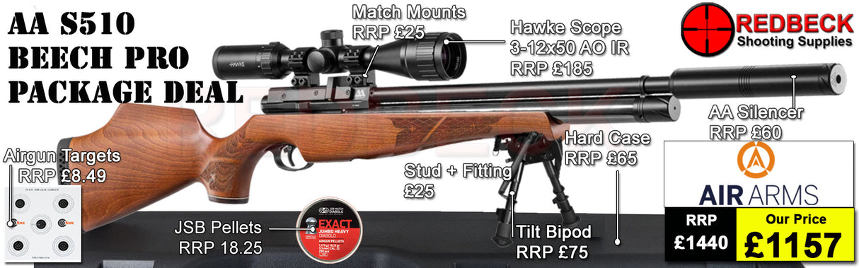 Air Arms S510
Air Arms Silencer
Hawke 3-12x50 AO IR Scope
Match Mounts
2 Magazines
Fill Valve
Hard Case
Bipod Adapter
Tilt Bipod