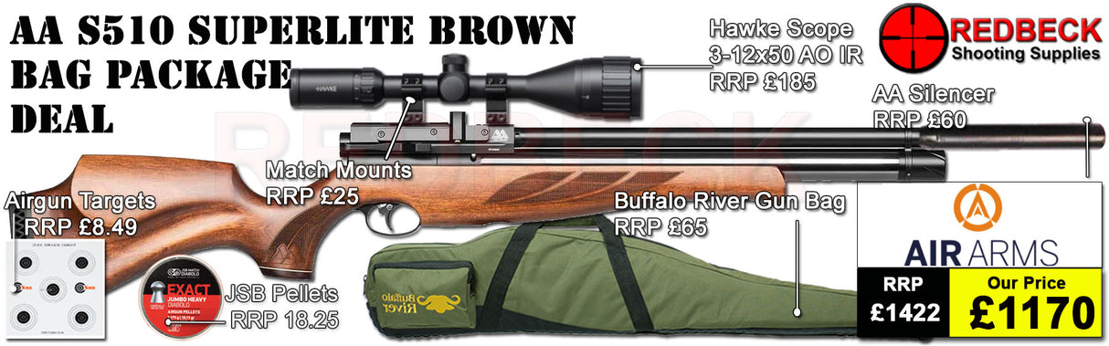 Air Arms S510 Superlite air rifle
Air Arms Silencer
Hawke 3-12x50 AO IR Scope
Match Mounts
2 Magazines
Fill Valve
Pellets
Targets
Buffalo River Bag
