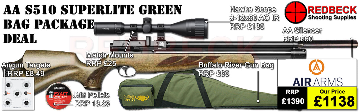 The Air Arms S510 Superlite Hunter Green Bag package deal includes s510 superlite in hunter green, hawke 2-12x50 ao ir scope, match mounts, air arms silencer, airgun bag, pellets and targets.