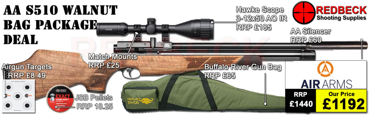 Hawke Vantage 3-12x50 AO IR Scope
Match Mounts
2 Magazines
Fill Valve
Buffalo River bag
Pellets
Targets