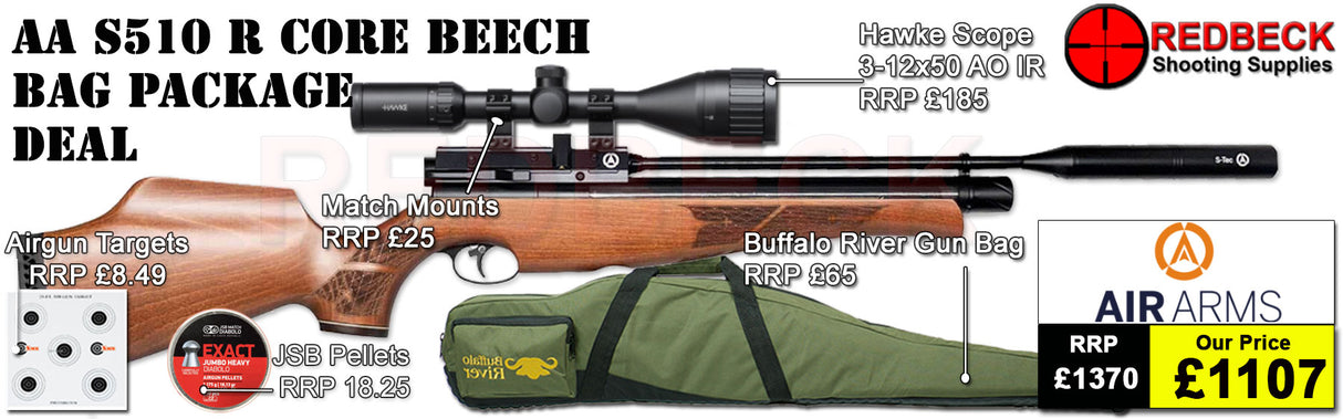 Air Arms S510 R Core Regulated Beech Stock Bag Package includes
A fully tested certificated quality rifle.
A detailed test certificate
manufacturers Guarantee
Air Arms S510 R Core Regulated Beech Stock
Hawke Vantage 3-12x50 AO IR Scope
Match Mounts
Buffalo river Gun bag
pellets
Targets
2 magazines
Silencer