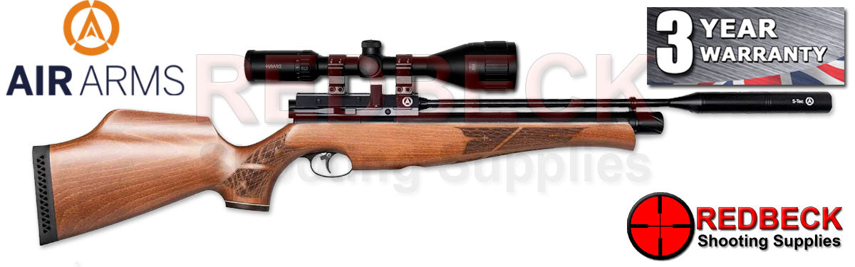 Air Arms S510 R Regulated Beech Sporter Stock air rifle pictured from the right hand side showcasing the new s-line air arms moderator