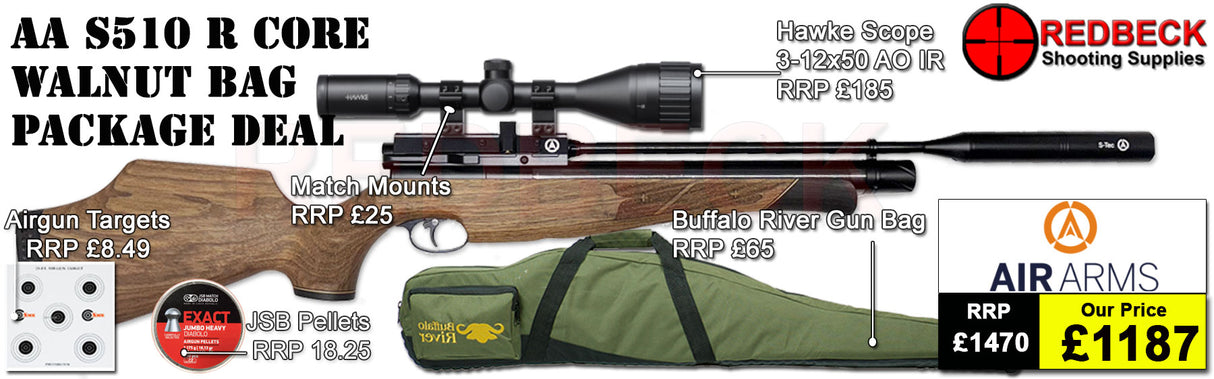 Air Arms S510 R Core Regulated Walnut Stock Bag Package includes
A fully tested certificated quality rifle.
A detailed test certificate
manufacturers Guarantee
Air Arms S510 R Core Regulated Walnut Stock
Hawke Vantage 3-12x50 AO IR Scope
Match Mounts
Buffalo river Gun bag
pellets
Targets
2 magazines
Silencer