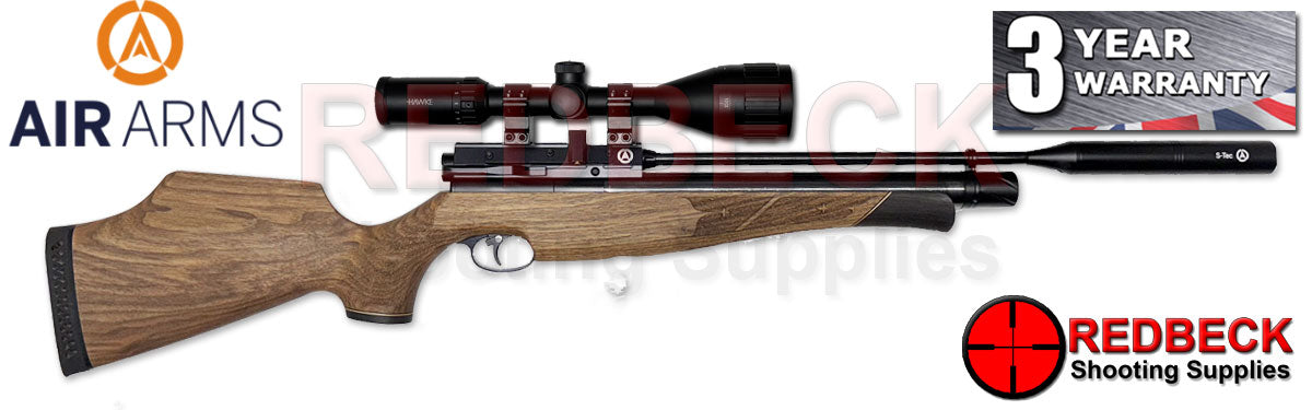 Air Arms S510 R Regulated Walnut Sporter Stock air rifle pictured from the right hand side showcasing the new s-line air arms moderator
