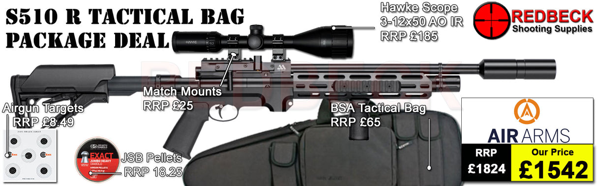 Air Arms S510 Tactical package deal includes a Air Arms Silencer, Hawke 3-12x50 AO IR Scope, Match Mounts, Fill Valve, Pellets, Targets and Air Rifle Bag.