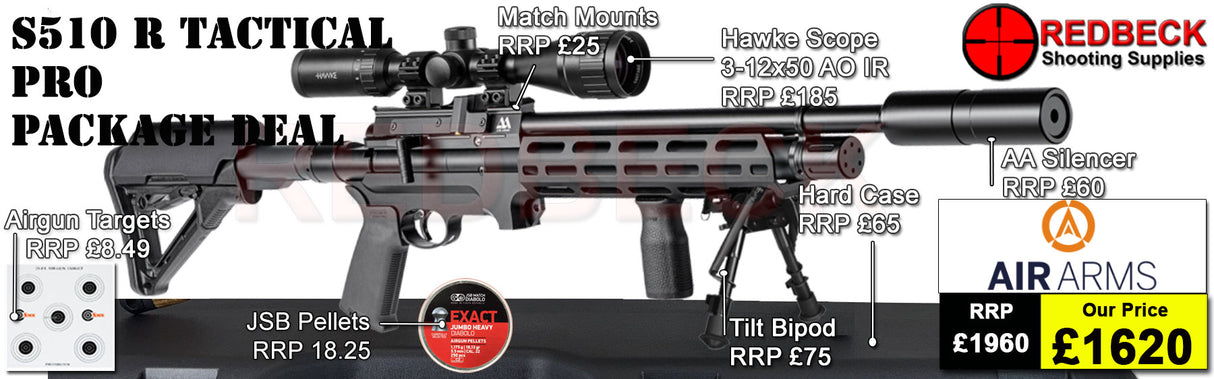 Air Arms S510T Tactical Regulated Professional Air Rifle package deal includes Hawke scope 3-12x50AO IR, match mounts, tactical hardcase and pellets.