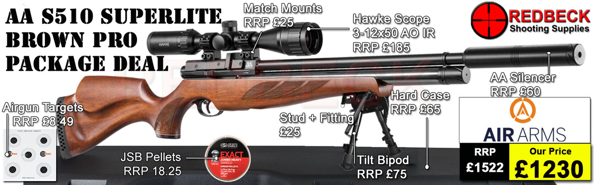 Air Arms S510 Superlite Traditional Brown
Air Arms Silencer
Hawke 3-12x50 AO IR Scope
Match Mounts
2 Magazines
Fill Valve
Foam Lined Hard Case
Bipod Adapter
Tilt Bipod