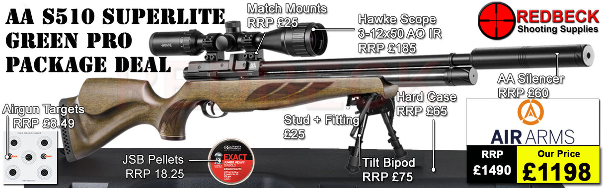 Air Arms S510 Superlite
Air Arms Silencer
Hawke 3-12x50 AO IR Scope
Match Mounts
2 Magazines
Fill Valve
Foam Lined Hard Case
Bipod Adapter
Tilt Bipod