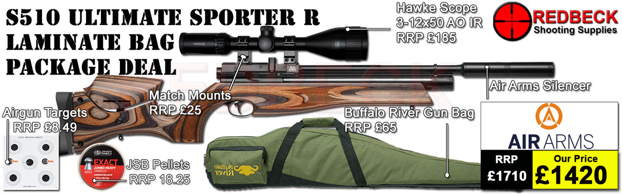 Air Arms S510 R Regulated laminate stock package deal includes a Air Arms Silencer, Hawke 3-12x50 AO IR Scope, Match Mounts, Fill Valve, Pellets, Targets and Air Rifle Bag.