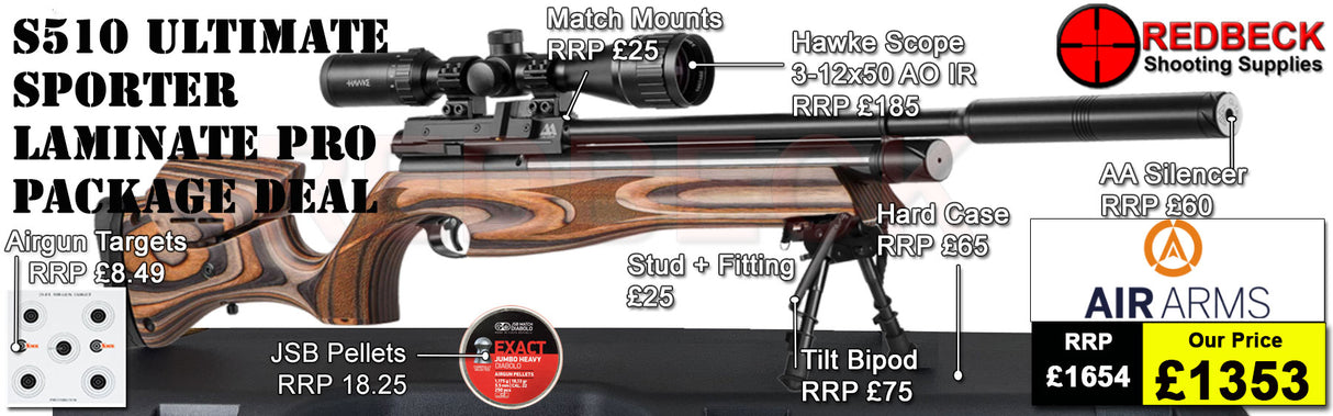 Air Arms s510  ultimate sporter regulated with laminate stock. This Air Rifle package deal includes Hawke scope 3-12x50AO IR, match mounts airgun hardcase, bipod targets and pellets.