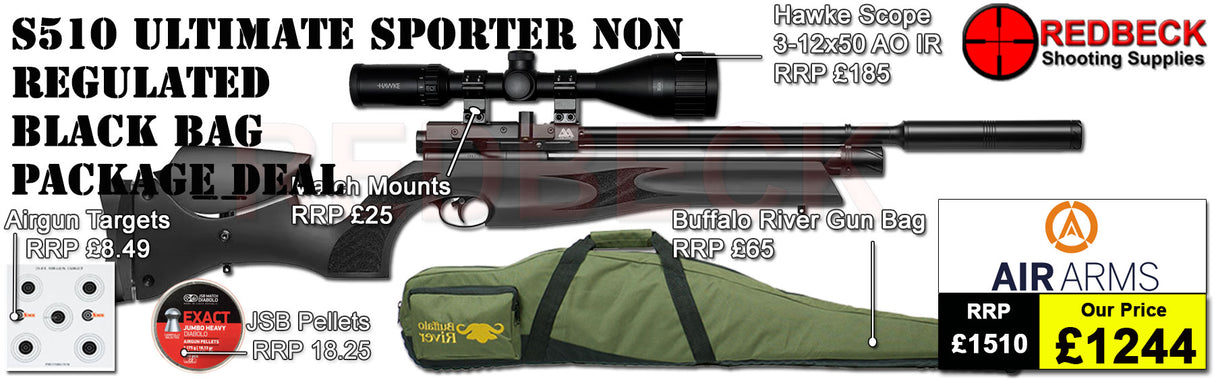 Air Arms S510 Ultimate Sporter non regulated with black stock package deal includes a Air Arms Silencer, Hawke 3-12x50 AO IR Scope, Match Mounts, Fill Valve, Pellets, Targets and Air Rifle Bag.