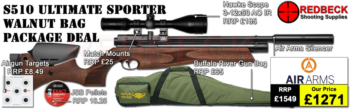 Air Arms S510 Ultimate Sporter non regulated in walnut package deal includes a Air Arms Silencer, Hawke 3-12x50 AO IR Scope, Match Mounts, Fill Valve, Pellets, Targets and Air Rifle Bag.