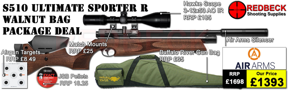 Air Arms S510 Ultimate Sporter Regulated
Hawke 3-12x50 AO IR Scope
Match Mounts
Buffalo river Gun bag
pellets
Targets
2 magazines
Silencer