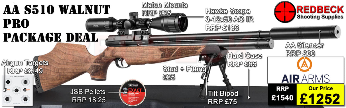 Air Arms S510
Air Arms Silencer
Hawke 3-12x50 AO IR Scope
Match Mounts
2 Magazines
Fill Valve
Hard Case
Bipod Adapter
Tilt Bipod