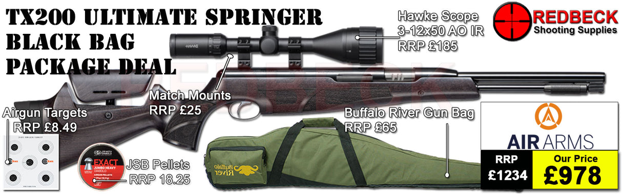 Air Arms TX200HC Hunter Carbine Ultimate Springer Black Stock air rifle
Hawke 3-12x50 AO IR Scope
Match Mounts
Buffalo River Gun Bag