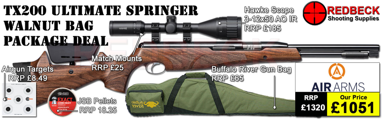 Air Arms TX200HC Hunter Carbine Ultimate Springer Walnut Stock air rifle
Hawke 3-12x50 AO IR Scope
Match Mounts
Buffalo River Gun Bag