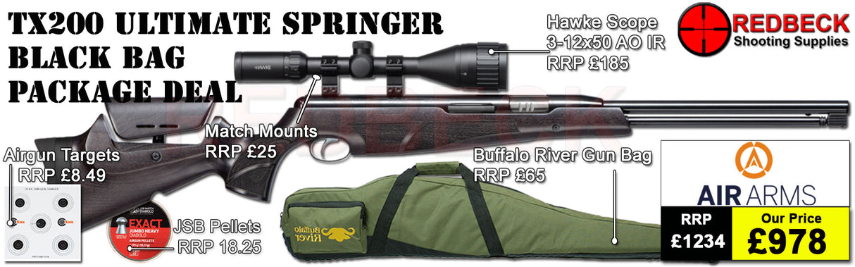 Air Arms TX200 Ultimate Springer with Black Stock air rifle
Hawke 3-12x50 AO IR Scope
Match Mounts
Buffalo River Gun Bag