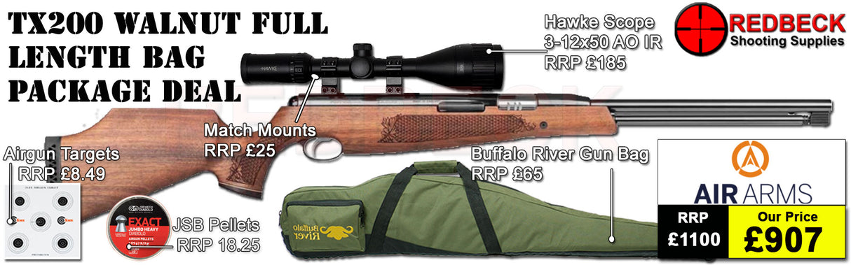 Air Arms TX200 Walnut air rifle
Hawke 3-12x50 AO IR Scope
Match Mounts
Buffalo River Gun Bag