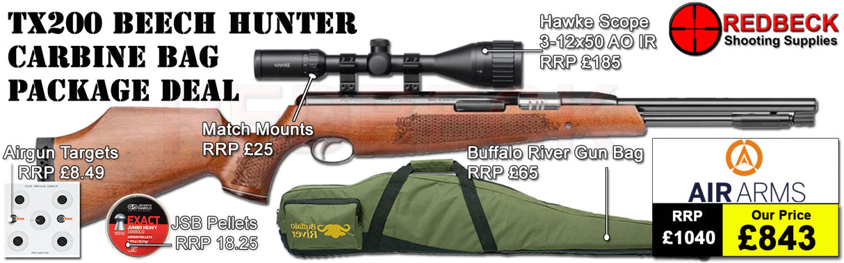 Air Arms TX200 HC Beech air rifle
Hawke 3-12x50 AO IR Scope
Match Mounts
Buffalo River Gun Bag